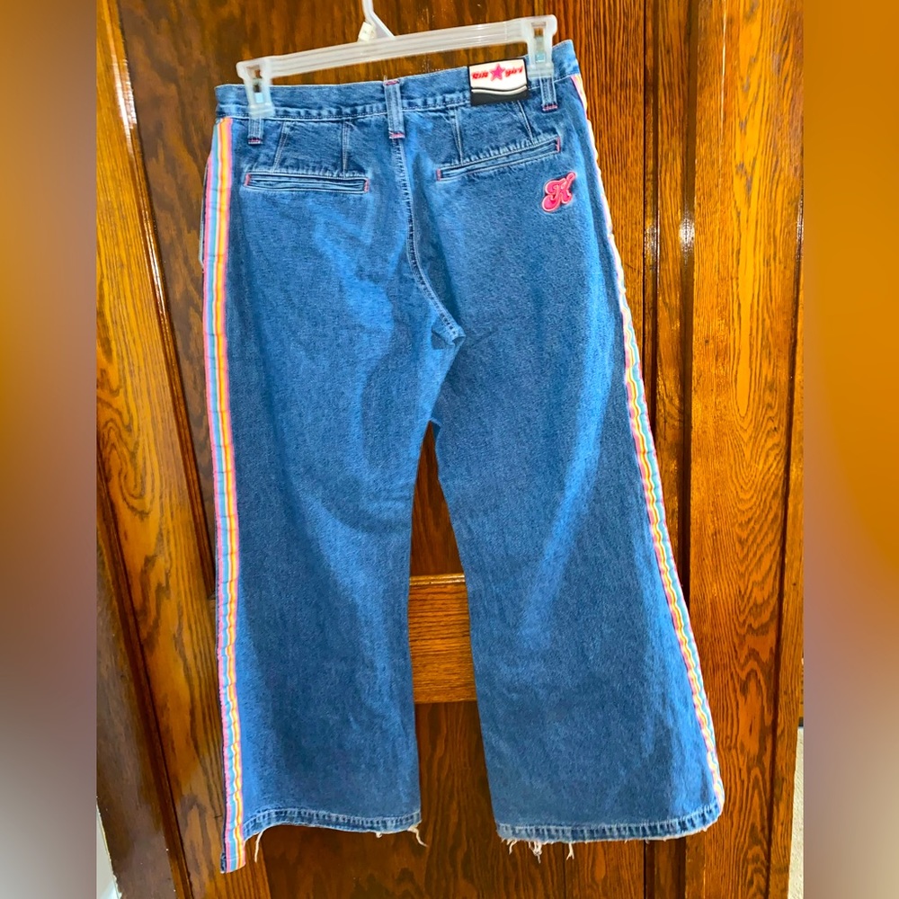 kik girl 90’s raver pants hot topic rainbow pink denim super wide leg size 9